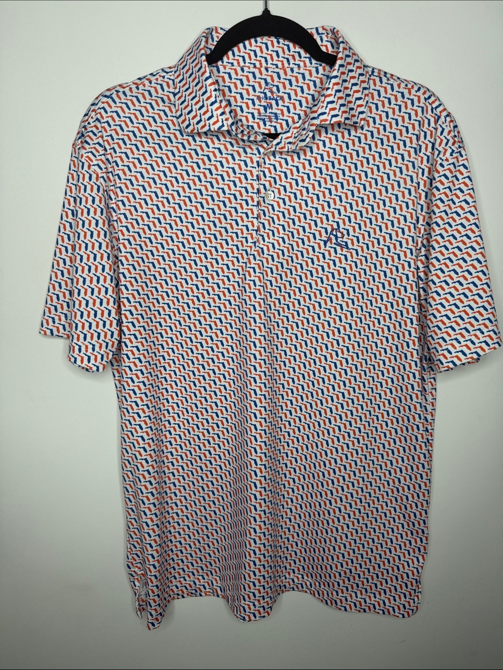 Rhoback Short-Sleeve Polo in White with Blue & Orange Print